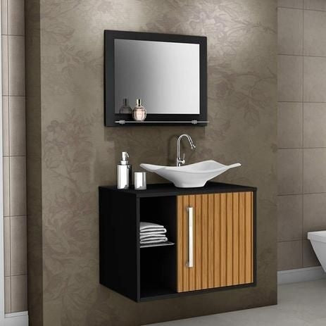 Gabinete para Banheiro Baden com Cuba e Espelheira Preto Fosco Ripado Móv Bechara