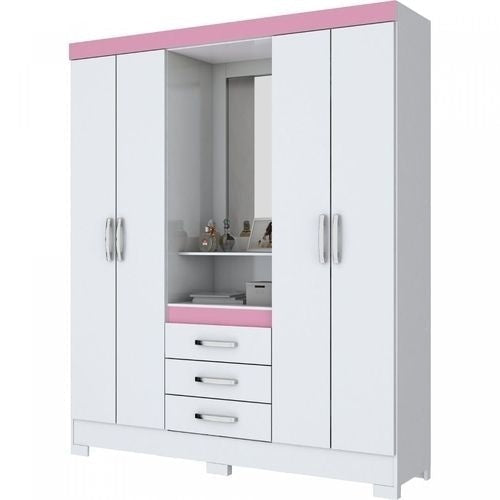 Guarda Roupa Solteiro com Espelho 4 Portas 3 Gavetas BHappy Espresso Móveis Branco/Branco Rosa