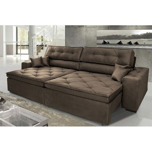 Sofá Austin 2,62m Retrátil Reclinável, Molas no Assento e Almofadas, Tecido Suede Velusoft Café