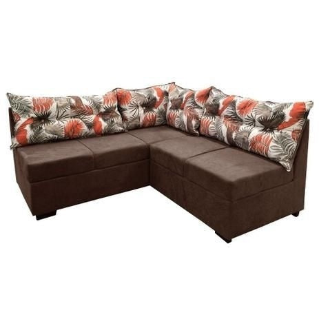 Sofá de Canto com Puff 5 Lugares Renaut Suede Marrom / Palmeira